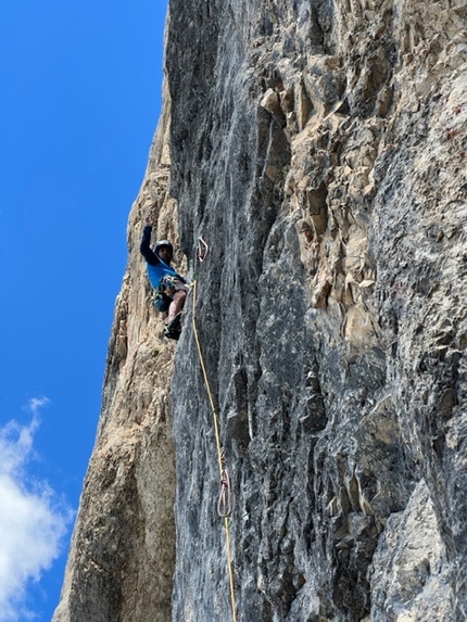 Monte La Banca, Dolomiti, Maurizio Giordani, Nancy Paoletto - Massimo Faletti e Maurizio Giordan durante la libera di 'Bike, Trek & Climb' allo spallone del Monte La Banca (2680m), Dolomiti