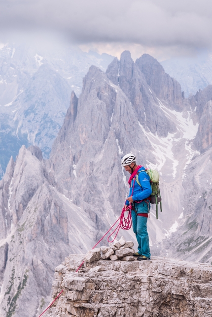 Cima Grande di Lavaredo, Heini Gütl, Tre Cime di Lavaredo - Heini Gütl with clients ascending Cima Grande di Lavaredo (2999m), Dolomites