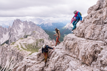 Cima Grande di Lavaredo, Heini Gütl, Tre Cime di Lavaredo - Heini Gütl with clients ascending Cima Grande di Lavaredo (2999m), Dolomites