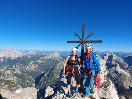 Cima Grande di Lavaredo, Heini Gütl, Tre Cime di Lavaredo - Heini Gütl on the summit of Cima Grande di Lavaredo, Dolomites, with the great granddaughter of one of the mountain's first ascensionists, Peter Salcher