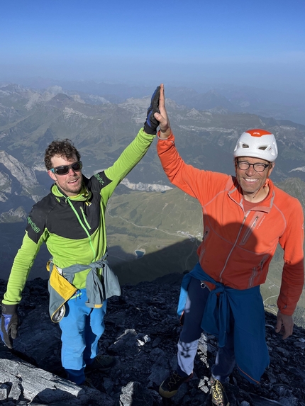 Eiger, Peter von Känel, Silvan Schüpbach - Silvan Schüpbach and Peter von Känel on the summit of the Eiger after spending 6 days on the mountain's north face establishing Renaissance