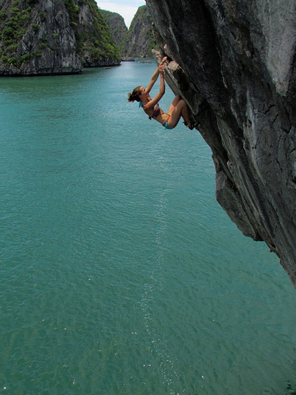 Vietnam Psicobloc - Angie high up on Fisherman’s Way (and she adds, scared out of her mind)