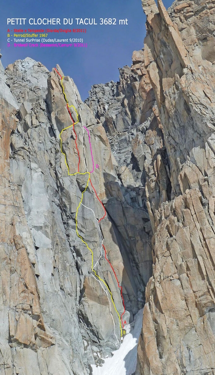 Petit Clocher du Tacul (Monte Bianco) - Petit Clocher du Tacul (Monte Bianco) con i tracciati di Stelle e Tempeste (con la varianteBridwell Crack 7b+) e della via Perrod/Stuffer.