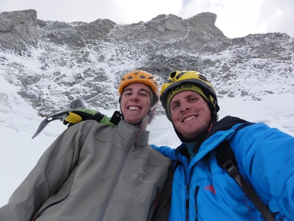 Via Bonatti, Matterhorn - Patrick Aufdenblatten and Michi Lerjen-Demjen climbing the Via Bonatti up the North Face of the Matterhorn on 27/09/2011