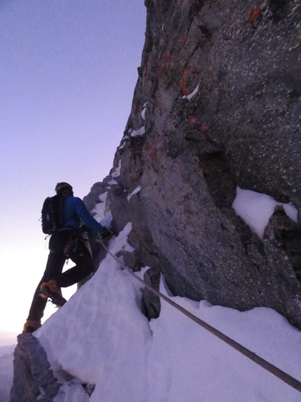 Via Bonatti, Matterhorn - Patrick Aufdenblatten and Michi Lerjen-Demjen climbing the Via Bonatti up the North Face of the Matterhorn on 27/09/2011