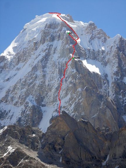 K7 West - The Slovenian line of ascent up K7 West (6934m) Charakusa valley, (Karakoram, Himalaya) via the route Sanjači zlatih jam (VI/5, M5, A2, 1600m, Nejc Marčič, Luka Stražar 09/2011).