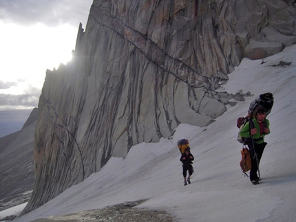 South African route Central Tower East Face - South African route: South African route, East Face Central Tower, Paine, Chile Carrying loads to the wall.