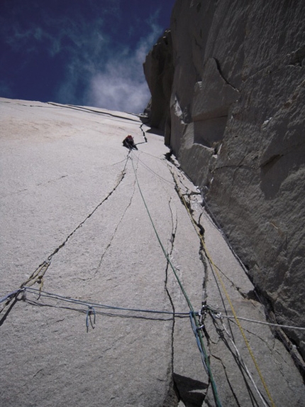 South African route Central Tower East Face - South African route: South African route, East Face Central Tower, Paine, Chile Sean Villanueva tackling a beautiful granite offwidth crack.