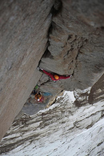 Greenland - Toni Lamprecht during the first ascent of Serratit, Quvnerit Island, Greenland