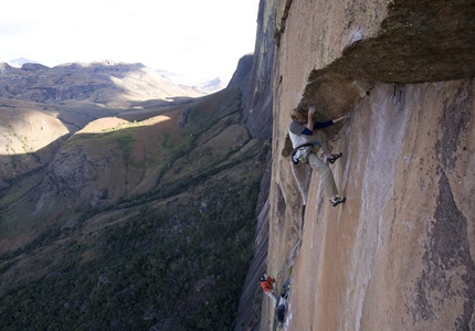 Tough Enough Karambony - Tough Enough: Arnaud Petit contemplating the crux move on pitch 7, 8b