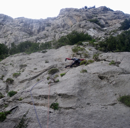 Heroes Pizzo Campana - Rocca Busambra - Heroes: Giuseppe Barbagallo establishing pitch 1 of Heroes (6b+, 186m, Giuseppe Barbagallo, Massimo Flaccavento, Giorgio Iurato) Pizzo Campana (Rocca Busambra)