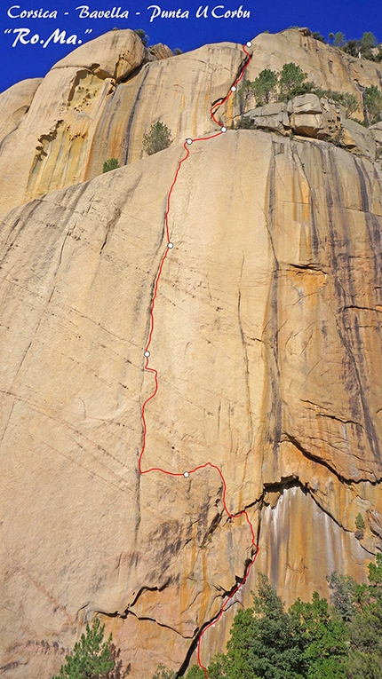 Ro.Ma. Punta U Corbu - Ro.Ma.: The line of the climb Ro.Ma., Punta U Corbu, Bavella, Corsica, first ascended by Rolando Larcher and Maurizio Oviglia