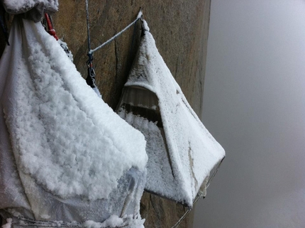 Tommy Caldwell - Tommy Caldwell's portaledge tents beneath the first snow in autumn 2011 on El Capitan, Yosemite.