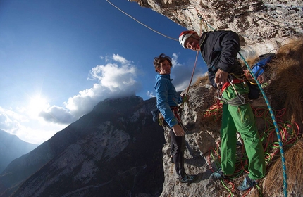 MammaSandra Monte Porgeit - MammaSandra: Daniele Geremia and Nicolò Cadorin at the belay of Via MammaSandra in Val Zemola, Dolomites, first ascended with Maurizio Fontana